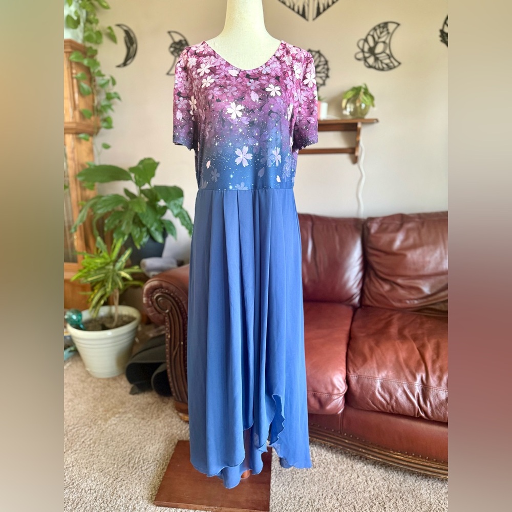 Women’s Size Large Purple Floral Ombre Top with Blue Chiffon Maxi Skirt Dress
